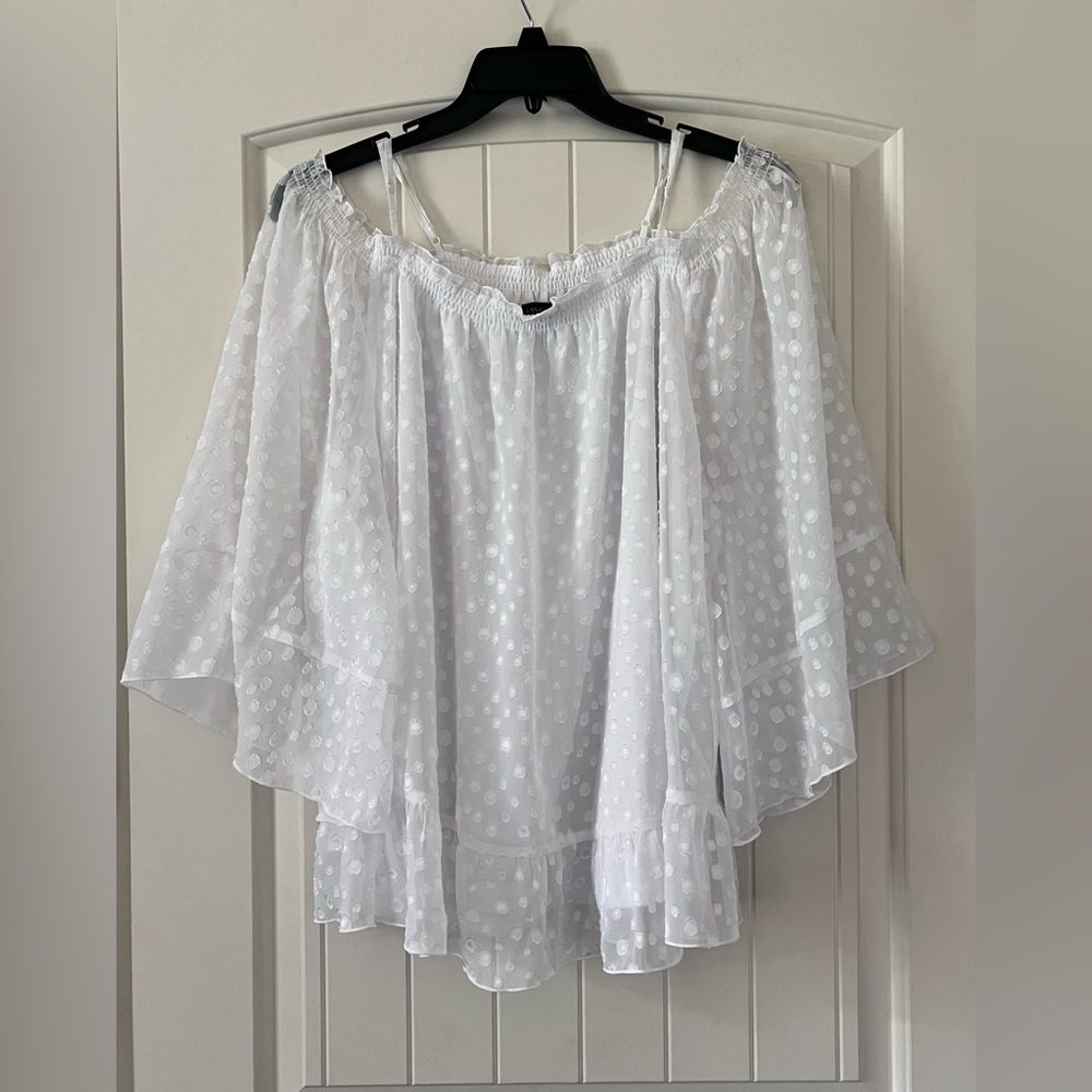 Lane Bryant Size 14/16 Flowy Blouse Cold Shoulder White Polka Dot Bell Sleeves